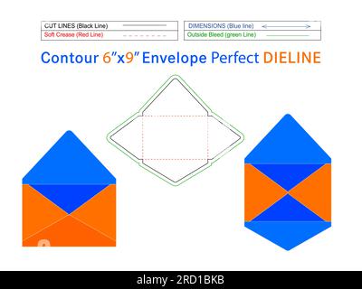 6x9 inch Contour envelope  die line template and 3D envelope Editable easily resizeable Stock Vector