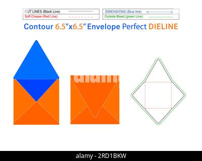 Editable easily resizeable 6.5x6.5 inch Contour envelope die line template and 3D envelope Stock Vector