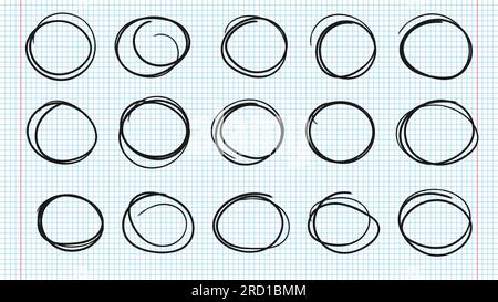Hand drawn circles line sketch set on notebook pages. Doodle graffiti illustration. Drawing circular scribble doodle round circles. Stock Vector