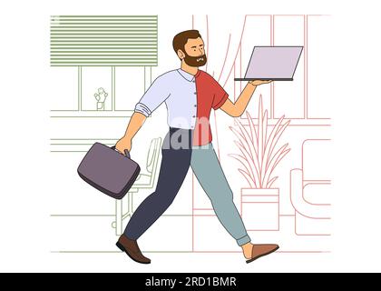 A business man at a hybrid work, in hybrid clothes, a formal suit and home clothes with a laptop in his hands against the backdrop of a working office Stock Vector