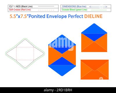 5.5x7.5 inch pointed Flap envelope or baronial  envelope dieline template and 3D envelope editable easily resizable Stock Vector