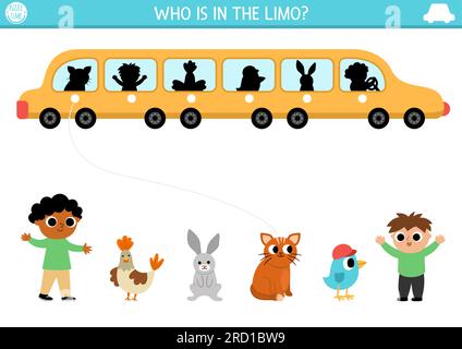 Transportation shadow matching activity. Transport puzzle with cute limousine car and passengers. Find correct silhouette printable worksheet or game. Stock Vector