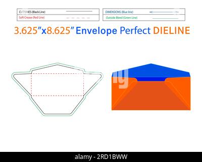 3.625x8.625 inch Regular Envelope dieline template ,Editable easily resizable and 3D envelope Stock Vector