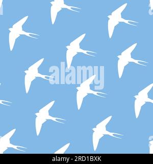 Martin bird silhouette seamless pattern. White swallows silhouette on blue sky ornament. Vector illustration Stock Vector