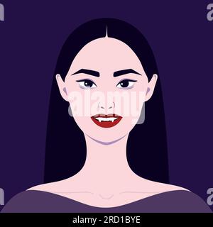 Portrait of a beautiful vampire woman with black hair and red lips. Vector illustration Stock Vector