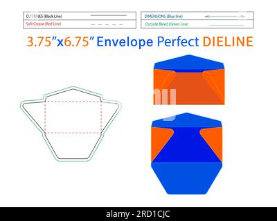 Regular Envelope design 3.75x6.75 inch dieline template and 3D envelope editable easily resizable Stock Vector