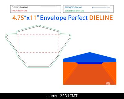 Regular Envelope design 4.75x11 inch dieline template and 3D envelope editable easily resizable Stock Vector