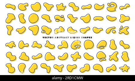 Big set shapes. Outline blob shapes, fluid or liquid round abstract elements. Black and yellow simple blotch water forms. Flat vector illustration. Stock Vector