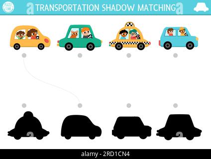 Transportation shadow matching activity. Transport puzzle with cute cars, taxi, drivers. Find correct silhouette printable worksheet or game. Funny pa Stock Vector