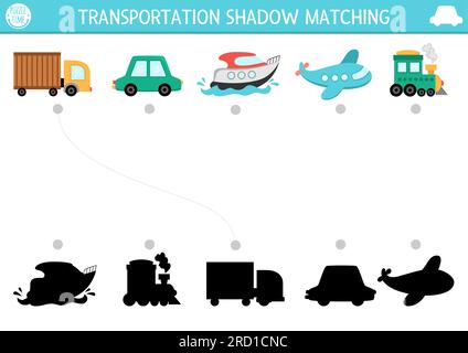 Transportation shadow matching activity. Transport puzzle with cute car, truck, speedboat, plane, train. Find correct silhouette printable worksheet o Stock Vector