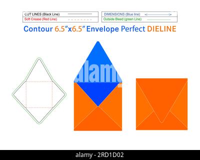 Packaging 6.5x6.5 inch Contour envelope die line template and 3D envelope Editable easily resizeable Stock Vector