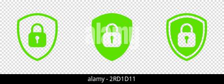 Set lock padlock symbol with shield. Sign lock on transparent background. Vector illustration. Stock Vector