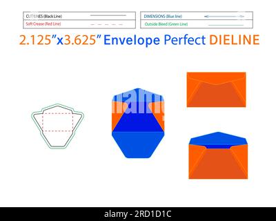 Packaging Regular Envelope 2.125x3.625 inch dieline template and 3D envelope editable easily resizable Stock Vector