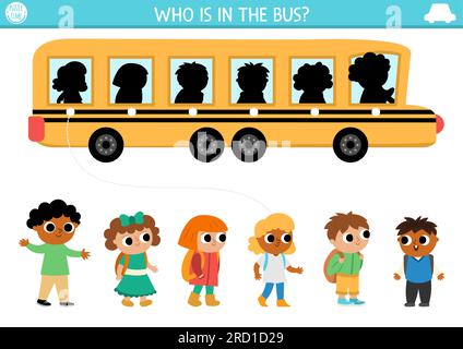 Transportation shadow matching activity. Transport puzzle with cute school bus and pupils. Find correct silhouette printable worksheet or game. Funny Stock Vector