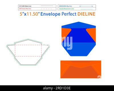 5x11.50 inch Regular Envelope die line template and 3D envelope editable easily resizeable Stock Vector