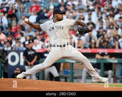 ANAHEIM, CA - JULY 17: New York Yankees pitcher Ron Marinaccio (97)  pitching during an MLB baseball game against the Los Angeles Angels played  on July 17, 2023 at Angel Stadium in