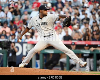 ANAHEIM, CA - JULY 17: New York Yankees pitcher Ron Marinaccio (97)  pitching during an MLB baseball game against the Los Angeles Angels played  on July 17, 2023 at Angel Stadium in