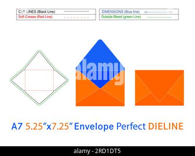 Contour envelope or A7 5.25x7.25 inch die line template and 3D envelope Editable easily resizeable Stock Vector