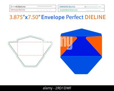 Monarch envelope or Regular Envelope die line template and 3D envelope editable easily resizeable Stock Vector