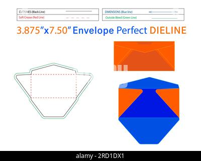 Regular packaging Envelope 3.875x7.5 inch die line template and 3D envelope editable easily resizeable Stock Vector