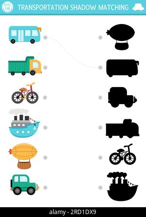 Transportation shadow matching activity. Transport puzzle with cute car, truck, ship, zeppelin, bike, bus. Find correct silhouette printable worksheet Stock Vector