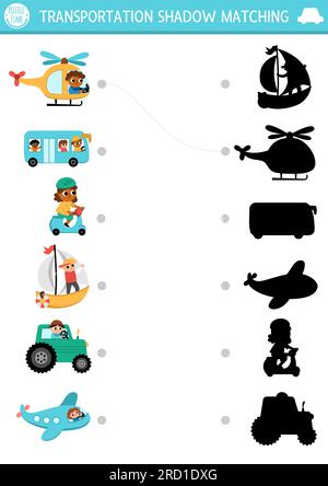 Transportation shadow matching activity. Transport puzzle with cute helicopter, bus, scooter, boat, plane, drivers. Find correct silhouette printable Stock Vector