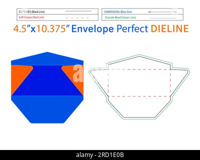 4.5x10.3275 inch Packaging Regular Envelope die line template and 3D envelope editable easily resizeable Stock Vector