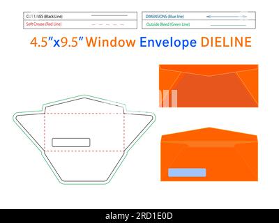 4.5x9.5 inch Window Envelope die line template and 3D envelope editable easily resizeable Stock Vector