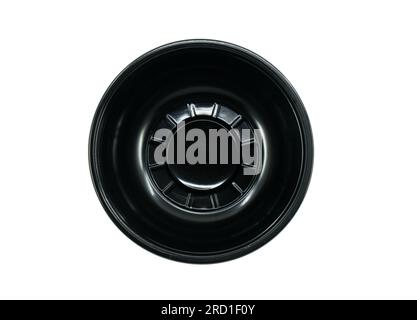 Isolated black plastic bowl on white background, empty noodle plastic bowl, top view image. Stock Photo