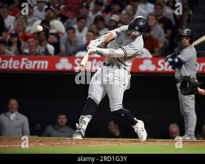 ANAHEIM, CA - JULY 17: New York Yankees pitcher Ron Marinaccio (97)  pitching during an MLB baseball game against the Los Angeles Angels played  on July 17, 2023 at Angel Stadium in