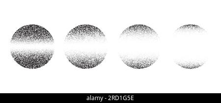 Set of textured linear gradient circles. Black dotted fading spheres collections. Stippled round elements pack. Vanishing noise grain dot work shapes. Halftone effect illustrations bundle. Vector  Stock Vector