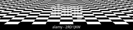 Black and white checkered tile floor in perspective. Abstract checkerboard texture landscape. Horizontal chessboard plane surface. Empty room background. Vector illustration Stock Vector