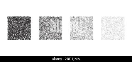 Set of stippled square texture. Black dotted gritty rectangle element collection. Noise grain dot work cube shapes. Half tones and shadows effect illustration bundle. Vector pack Stock Vector