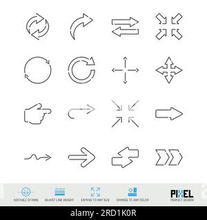 Arrows related vector line icon set isolated on white. Pixel perfect design. Editable stroke. Adjust line weight. Expand to any size. Change to any co Stock Vector
