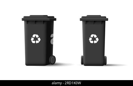 Garbage black trash cans, waste recycle bins. 3d illustration of street container with wheels front and side view with lid Stock Vector