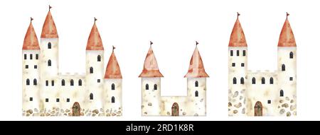 Medieval childish castle watercolor hand drawn illustration. Paint drawing fairy tail antique building with towers, flags, windows and gate isolated Stock Photo