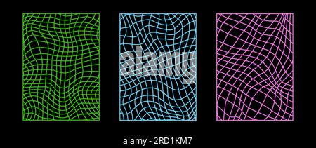 Set of distorted wireframe backgrounds. Abstract neon colored wavy checkerboard wallpapers collection. Warped and curved grid surface pattern. Geometric green, blue, pink textures. Vector illustration Stock Vector