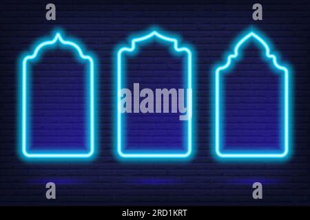 Ramadan islamic frame. Vector neon arch shape on dark background. Muslim door and window. Arabian bright template set. Stock Vector