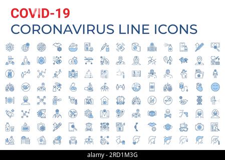 Coronavirus COVID-19 pandemic respiratory pneumonia disease related vector icons set. Included icons symptoms, transmission, prevention, treatment, vi Stock Vector