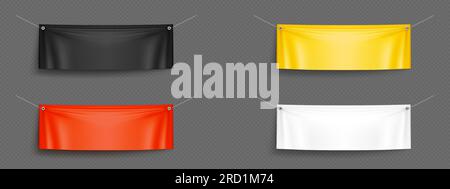 Realistic set of fabric banners hanging on ropes isolated on transparent background. Vector illustration of horizontal poster mockups in yellow, red, black, white colors, blank background for text Stock Vector