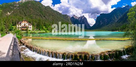 Most beautiful and scenic lakes of northern Italy. Lago di Dobbiaco in Val Pusteria, South Tyrol. Trentino-Alto Adige Stock Photo