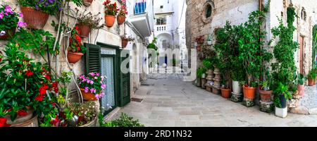 Traditional charming towns of southern Italy in Puglia region - Monopoli old town with floral narrow streets. Stock Photo