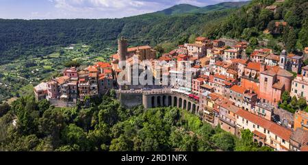 Most scenic villages of  Italy. aerial drone view of Nemi village located in Albano volcanic lake. popular touristic site near Rome Stock Photo