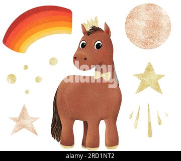 Set of isoletad elements: Prince, watercolor pony in the gold crown, stars, rainbow, moon. Little girl horse. Funny animal kid. Design for baby shirt Stock Photo