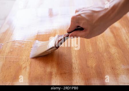Apply clear wood stain on table with brush Stock Photo