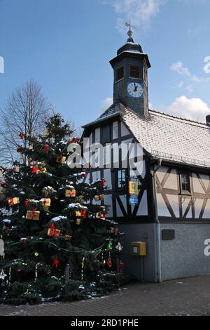 geography / travel, Germany, Hesse, Niedernhausen, Old city hall in Engenhahn with Christmas tree, ADDITIONAL-RIGHTS-CLEARANCE-INFO-NOT-AVAILABLE Stock Photo