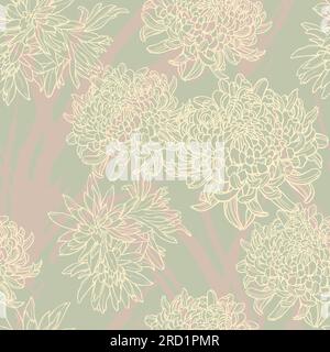 Floral seamless pattern with chrysanthemums. Hand drawn with pen and ink design. Vector tile in pastel colors. Stock Vector