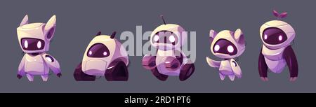 Cartoon set of robot characters isolated on background. Vector illustration of futuristic ai cyborgs with wheels, tracks, wires, led light eyes on screen face and arms. Modern technology development Stock Vector