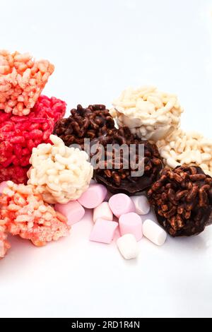 Puffed rice treats, delicious chocolate and marshmallow crispy rice treats Stock Photo