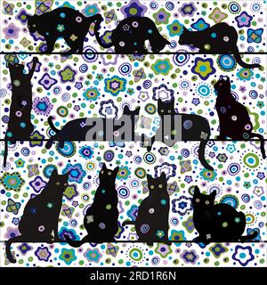 Black cats collection on floral background Stock Vector